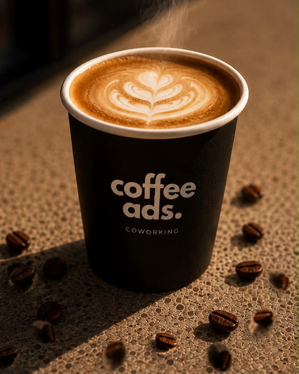 Café latte de especialidad en vaso Coffee Ads Coworking, con granos de café